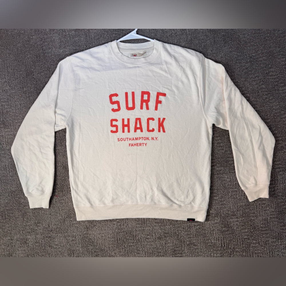 Faherty Cream Crewneck Sweatshirt with Red Surf Shack Print Sz Small Luxury
